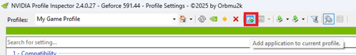 The software interface of 'NVIDIA Profile Inspector 2.4.0.27 - Geforce 591.44' by Orbmuk displaying 'My Game Profile' with an option to 'Add application to current profile'.