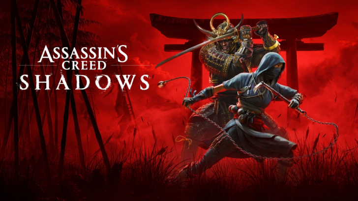 Two characters in battle pose under a red sky with the text 'Assassin's Creed Shadows' on the left.