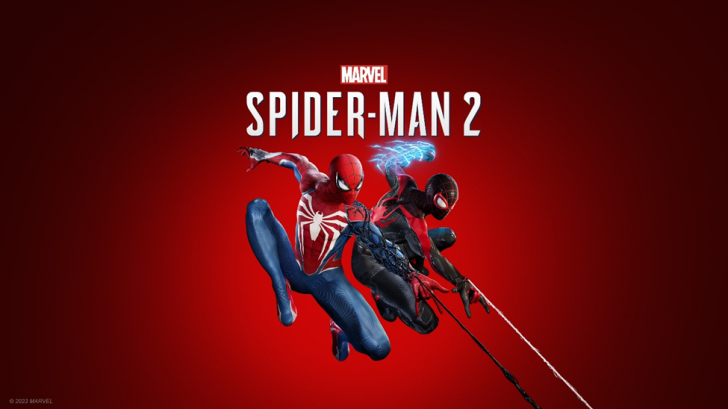 Two Spider-Man characters pose dynamically with electric powers and web-slinging action beneath the title 'Marvel Spider-Man 2' on a red background.