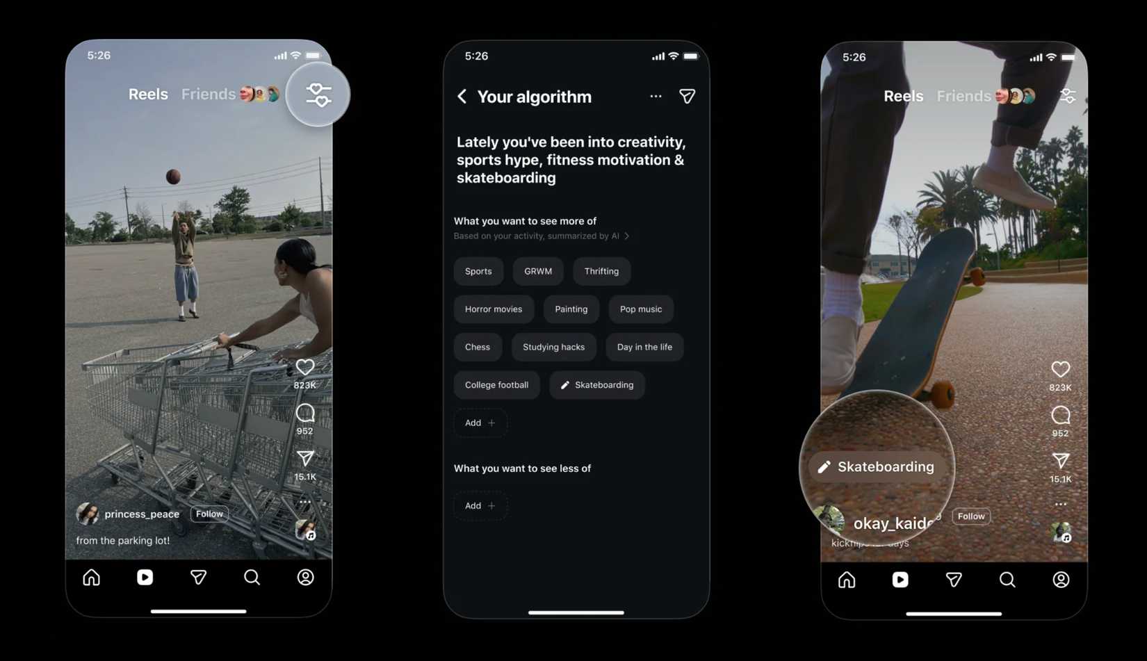 Το νέο εργαλείο του Instagram σάς επιτρέπει να ελέγξετε την τεχνητή νοημοσύνη Στιγμιότυπα οθόνης που υπογραμμίζουν το νέο εργαλείο αλγόριθμου του Instagram.
