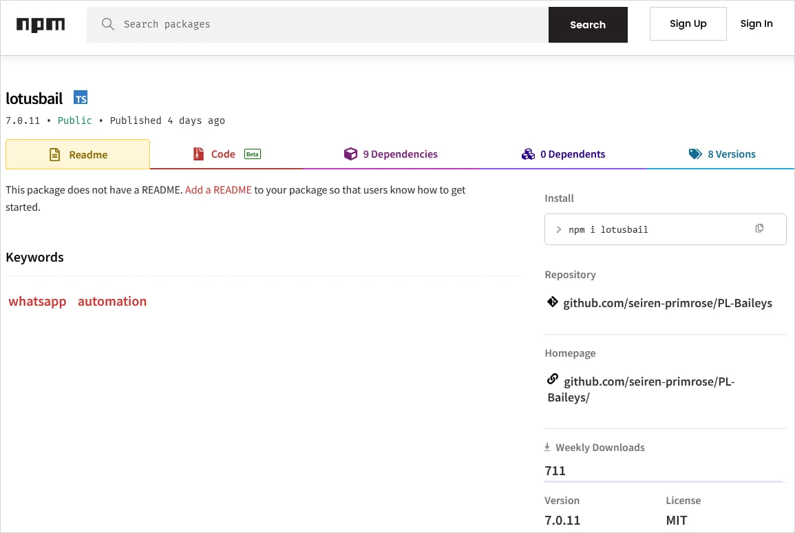 Το πακέτο lotusbail στο NPM