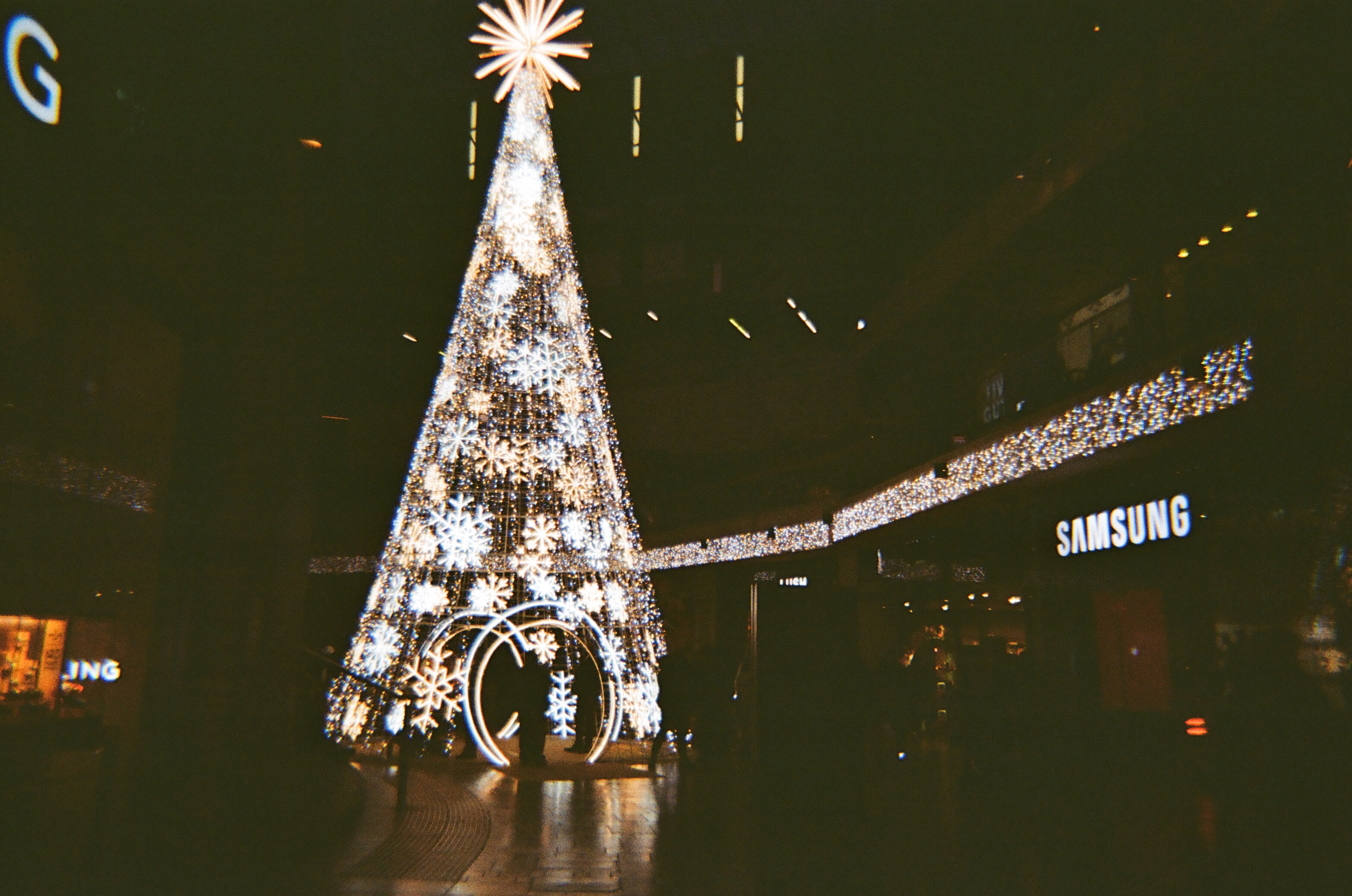 A photo of a Christmas tree taken on a Novocolor Swiss+Go 35mm film camera