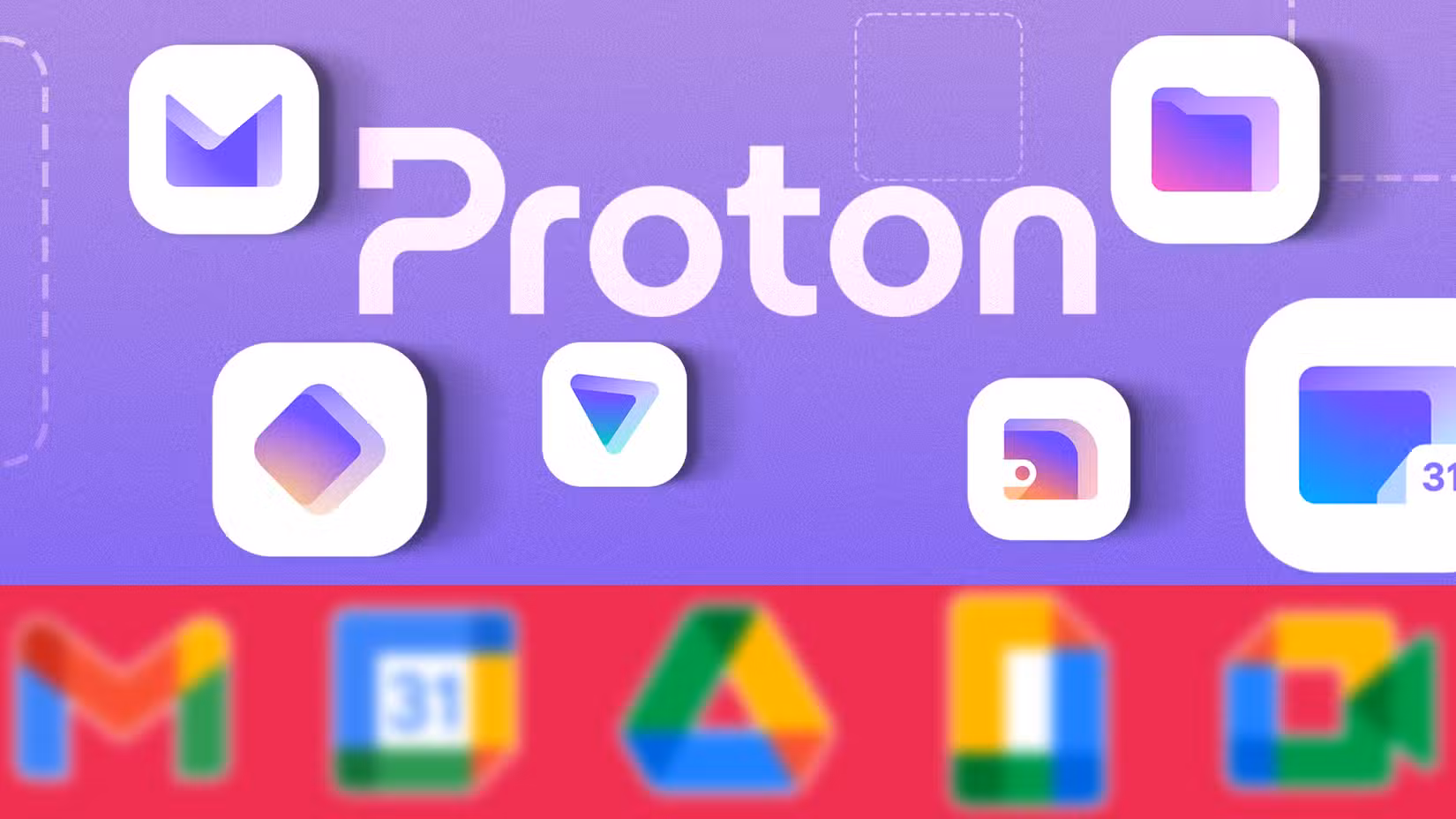 Δεν συνειδητοποίησα πόσο ακατάστατο ένιωθε το Google Drive — μέχρι που δοκίμασα αυτήν την εναλλακτική αποθήκευσης στο cloud Τα εικονίδια εφαρμογών Proton εμφανίζονται σε μωβ φόντο πάνω από τα θολά εικονίδια του Google Workspace.