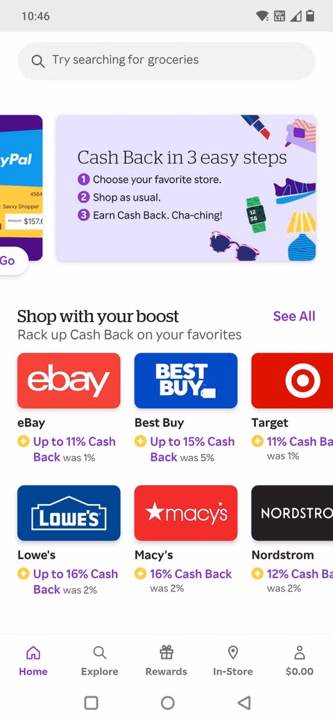 Στιγμιότυπο οθόνης που δείχνει την αρχική ηλικία της εφαρμογής Rakuten