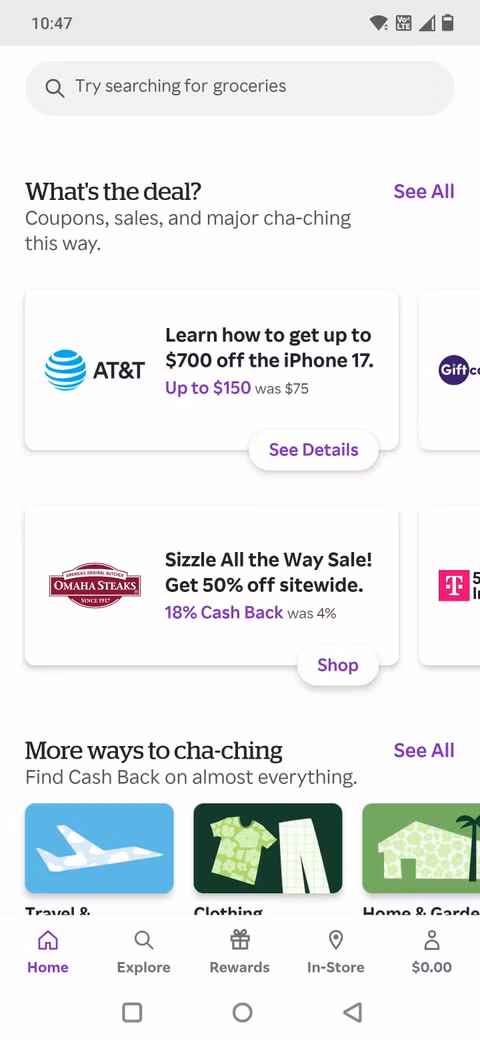 Στιγμιότυπο οθόνης που δείχνει τις προσφορές που είναι διαθέσιμες στην εφαρμογή Rakuten