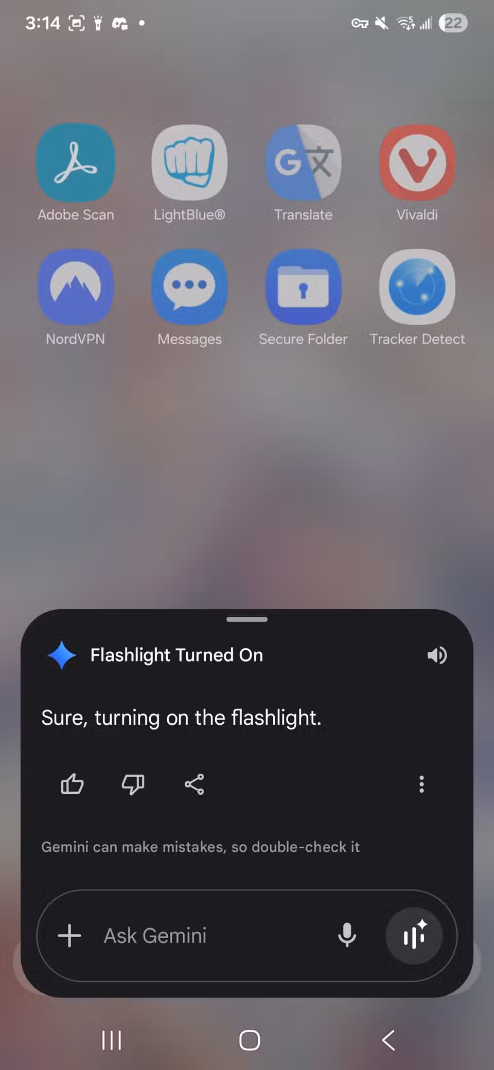 6 ways to turn on the flashlight on your Android phone Turning on flashlight prompt in the Ask Gemini prompt window while in the app drawer