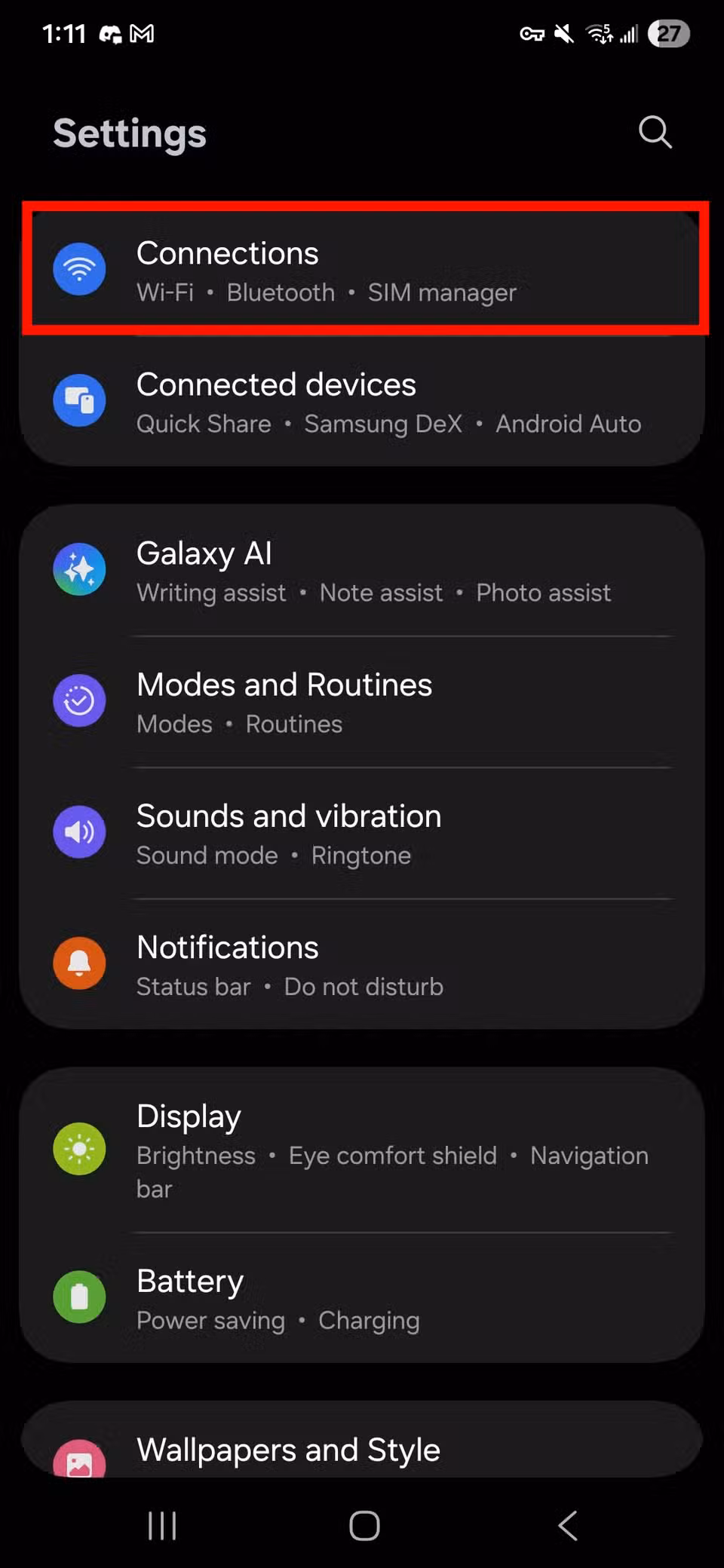 Το Πορτοφόλι Google δεν λειτουργεί; Ακολουθούν μερικές γρήγορες επιδιορθώσεις Κόκκινο ορθογώνιο περίγραμμα που επισημαίνει τις Συνδέσεις στις Ρυθμίσεις