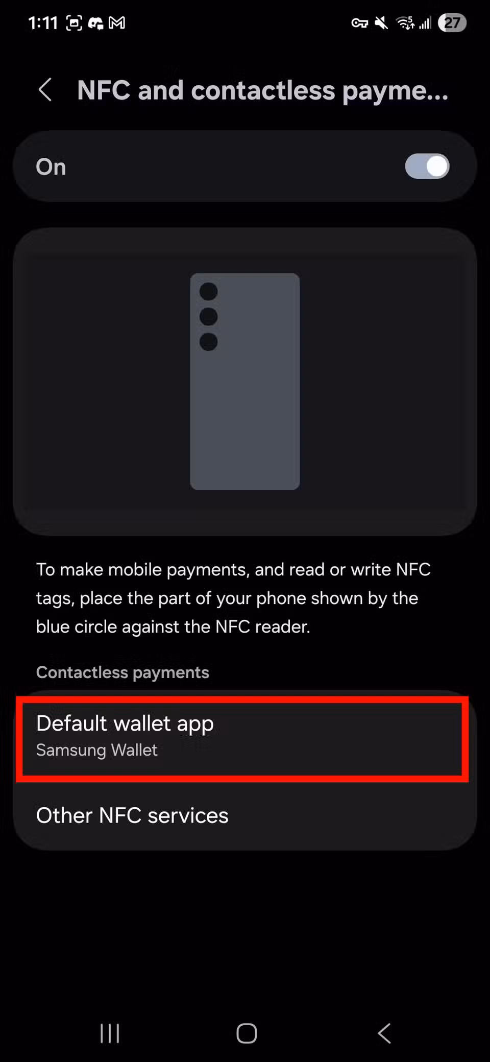 Το Πορτοφόλι Google δεν λειτουργεί; Ακολουθούν μερικές γρήγορες επιδιορθώσεις Κόκκινο ορθογώνιο περίγραμμα με επισήμανση Προεπιλεγμένη εφαρμογή πορτοφολιού στην ενότητα NFC και ανέπαφων πληρωμών