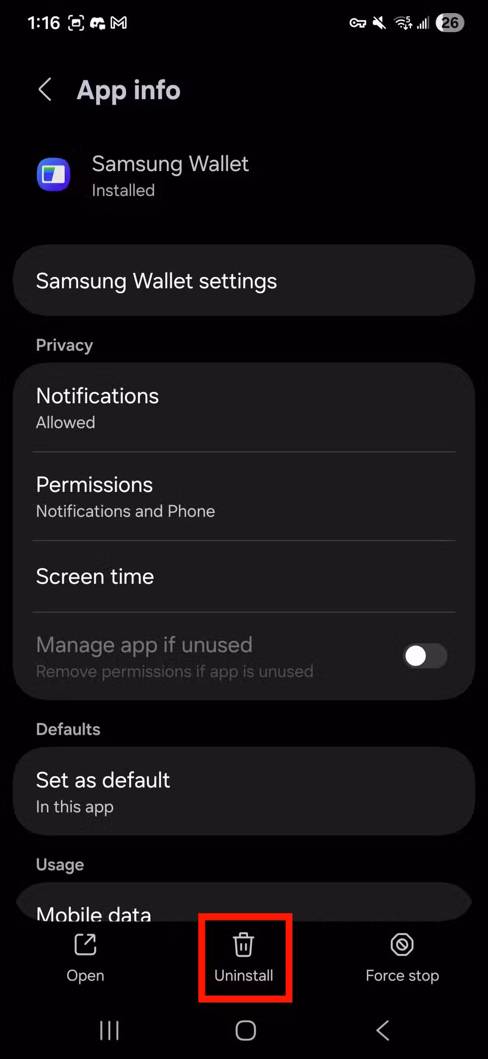 Το Πορτοφόλι Google δεν λειτουργεί; Ακολουθούν μερικές γρήγορες επιδιορθώσεις Κόκκινο ορθογώνιο περίγραμμα που επισημαίνει το κουμπί Απεγκατάσταση στις πληροφορίες της εφαρμογής Πορτοφόλι Samsung
