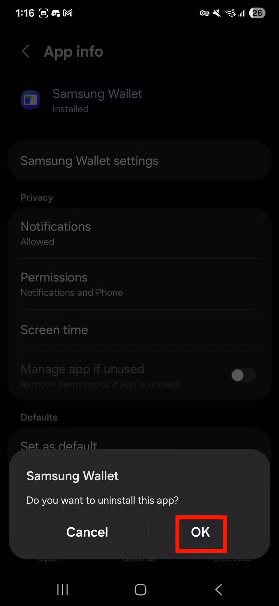 Το Πορτοφόλι Google δεν λειτουργεί; Ακολουθούν μερικές γρήγορες επιδιορθώσεις Κόκκινο ορθογώνιο περίγραμμα που επισημαίνει το κουμπί Ok στο Πορτοφόλι Samsung για επιβεβαίωση της απεγκατάστασης