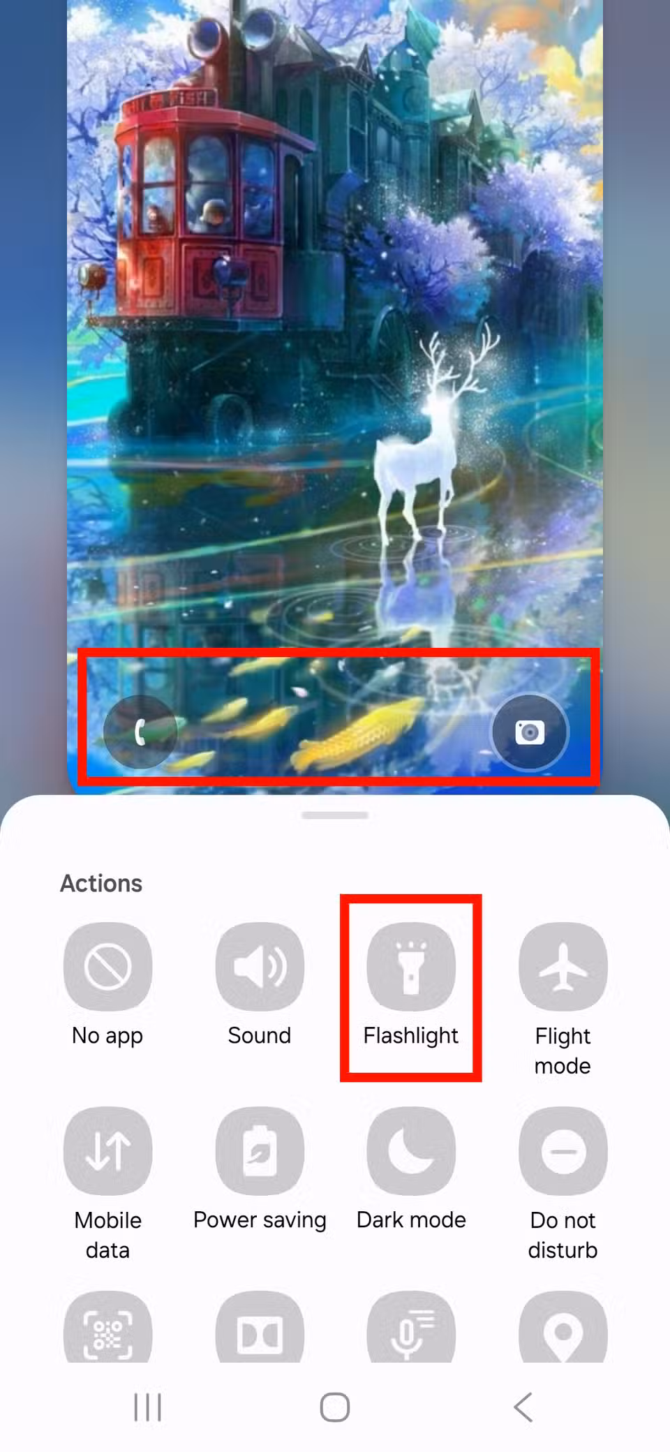 6 ways to turn on the flashlight on your Android phone Selecting Flashlight on the list of actions for the right and left icon on the edit lock screen menu on a Samsung phone
