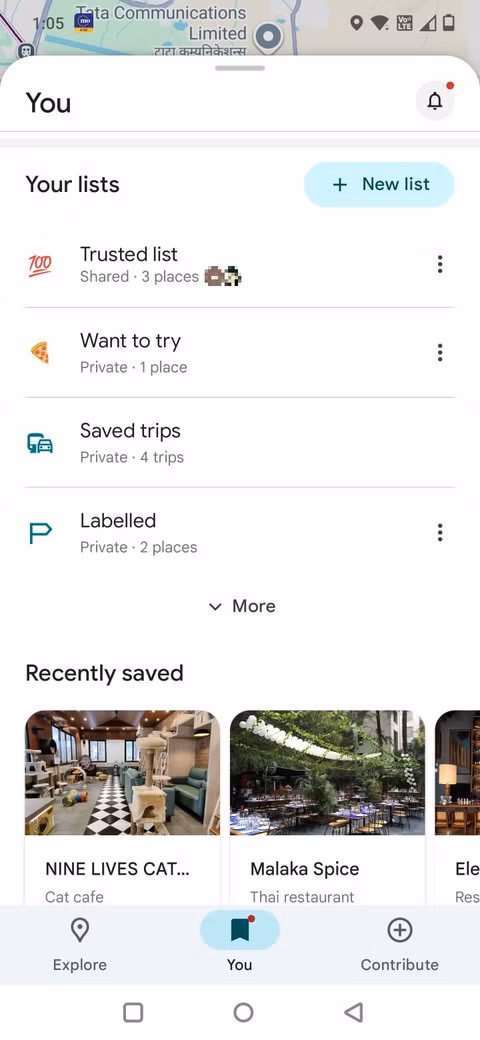 Στιγμιότυπο οθόνης που εμφανίζει λίστες στους Χάρτες Google