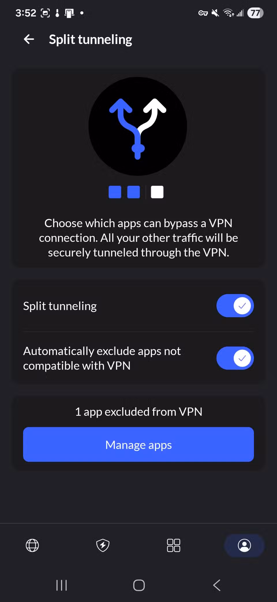 Το κρυφό κόλπο NordVPN που οι περισσότεροι χρήστες Android δεν παρατηρούν ποτέ Διαχωρίστε τη σήραγγα και εξαιρέστε αυτόματα εφαρμογές που δεν είναι συμβατές με VPN Εναλλαγή με επιλογή διαχείρισης εφαρμογών