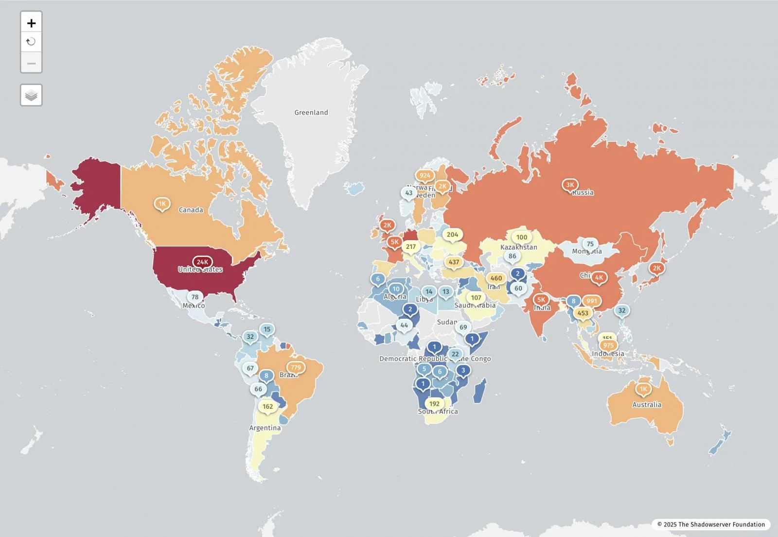 Γεωγραφική κατανομή ευάλωτων διευθύνσεων IP