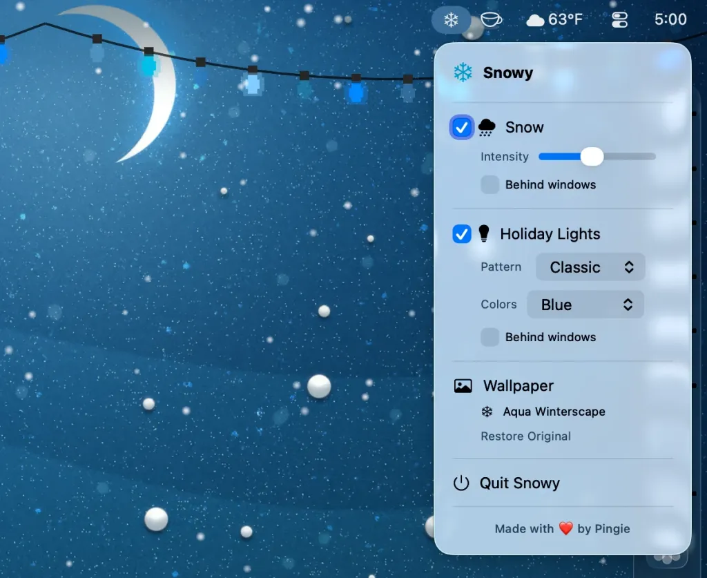 Το Snowy προσθέτει δωρεάν χριστουγεννιάτικα φώτα, χιόνι και μια ταπετσαρία εμπνευσμένη από το Aqua στο Mac σας Το Snowy προσθέτει δωρεάν χριστουγεννιάτικα φώτα, χιόνι και μια ταπετσαρία εμπνευσμένη από το Aqua στο Mac σας