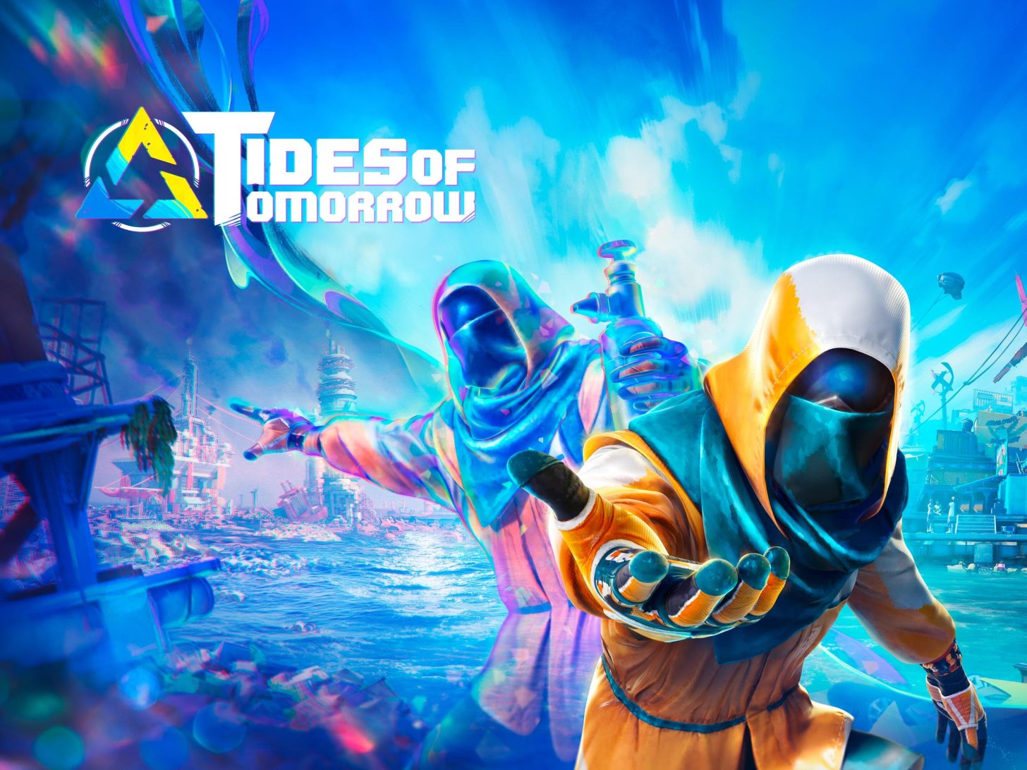 Ενάντια στη φωτιά, τον αέρα, το νερό και το μυαλό Δύο χαρακτήρες με κουκούλα με ζωντανή μπλε και πορτοκαλί ενδυμασία φτάνουν μπροστά στο παιχνίδι «Tides of Tomorrow» με φόντο ένα φουτουριστικό παραθαλάσσιο βιομηχανικό τοπίο.