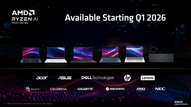 Αρκετοί φορητοί υπολογιστές με πολύχρωμα μοτίβα οθόνης και μια ανακοίνωση ότι η «AMD Ryzen AI 400 Series» θα είναι «Διαθέσιμη από το πρώτο τρίμηνο του 2026», με επωνυμίες όπως Acer, Asus, Dell, HP, Lenovo, Beelink, Colorful, Gigabyte, Mechrevo, MSI και NEC.