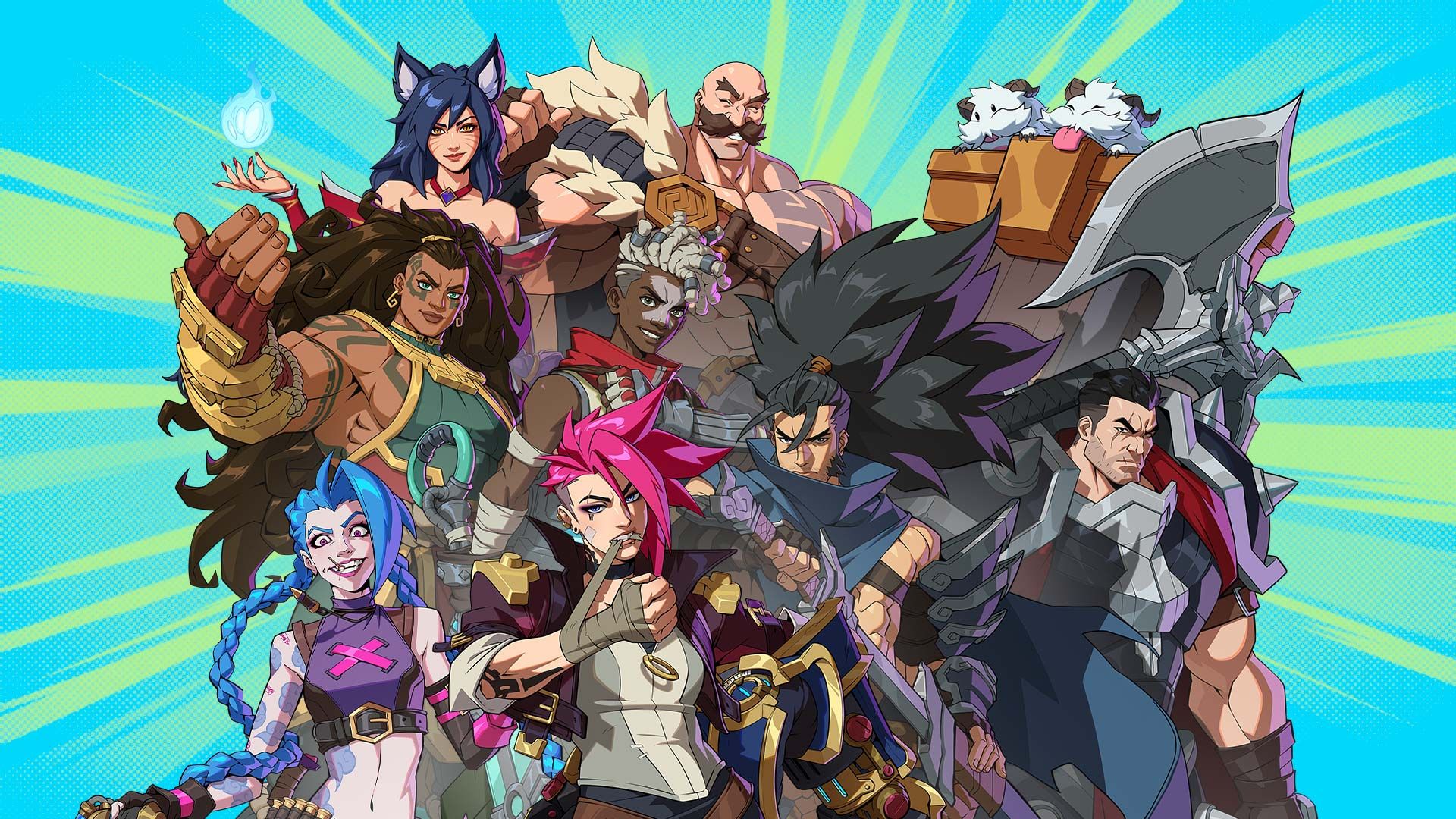 Μια ομάδα εννέα χαρακτήρων κινουμένων σχεδίων από το League of Legends ποζάρουν σε ένα ζωντανό μπλε και πράσινο φόντο.