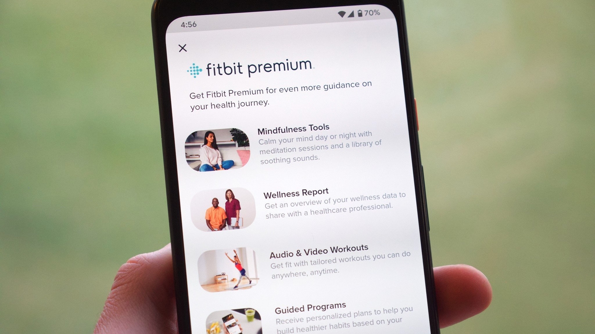 Μια λίστα με τις λειτουργίες του Fitbit Premium σε ένα smartphone: Mindfulness εργαλεία, Wellness Report, Audio & Προπονήσεις βίντεο και καθοδηγούμενα προγράμματα.