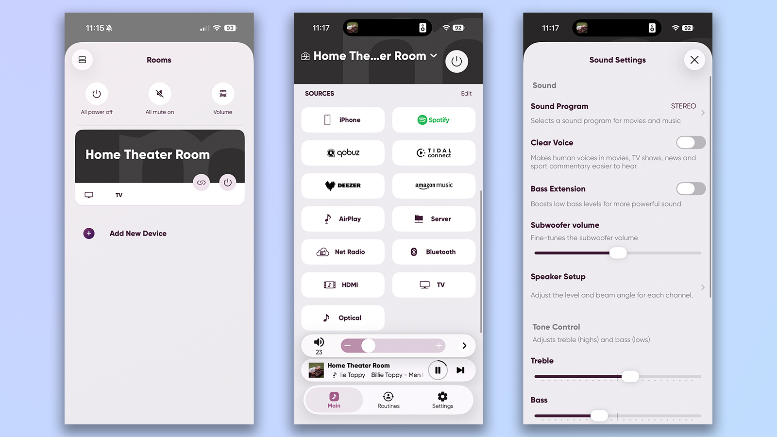 three screenshots from the yamaha musiccast app showing airplay and features like eq adjustment