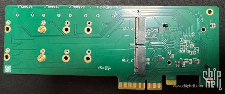 Μια πράσινη πλακέτα κυκλώματος διαθέτει δύο υποδοχές M.2 με την ένδειξη «M.2_2» και «M.2_4» παράλληλα με τις υποδοχές SATA με την ένδειξη «SATA6G 1» έως «SATA6G 4».