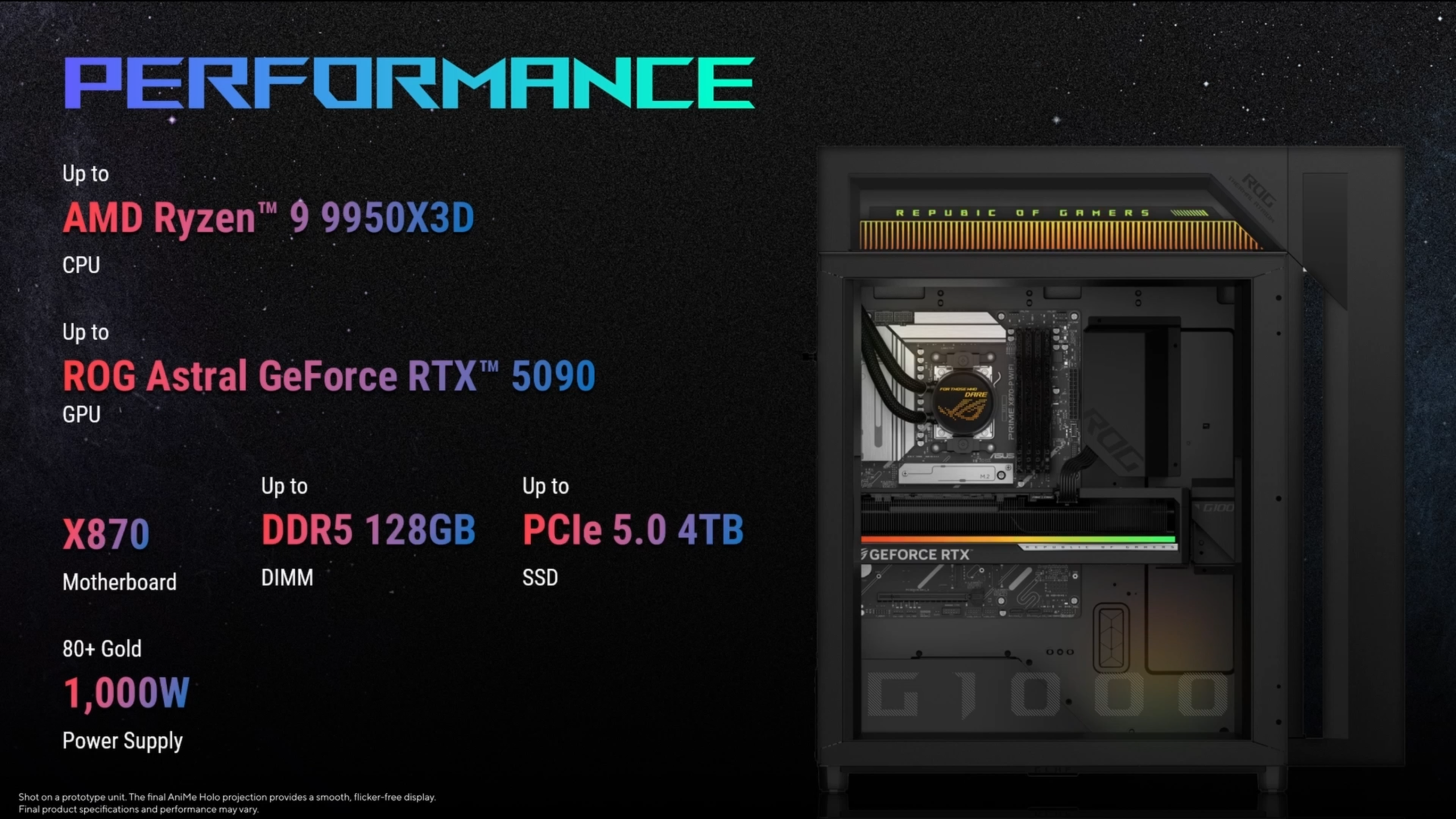 Εμφανίζεται μια εγκατάσταση υπολογιστή με θέμα «Δημοκρατία των Παιχνιδιών», που περιλαμβάνει την CPU AMD Ryzen 9 9950X3D, την GPU ROG Astral GeForce RTX 5090 και έως και DDR5 128 GB RAM, μαζί με μια λίστα που καθορίζει στοιχεία όπως μια μητρική πλακέτα X8705 και P0.