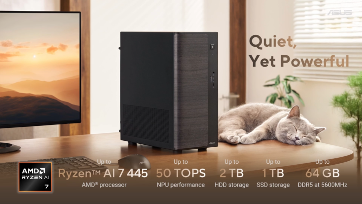 Ένας επιτραπέζιος υπολογιστής ASUS με τον επεξεργαστή «Ryzen AI 7 445» εμφανίζεται δίπλα σε μια γάτα που κοιμάται με το κείμενο «Ήσυχο, αλλά ισχυρό».