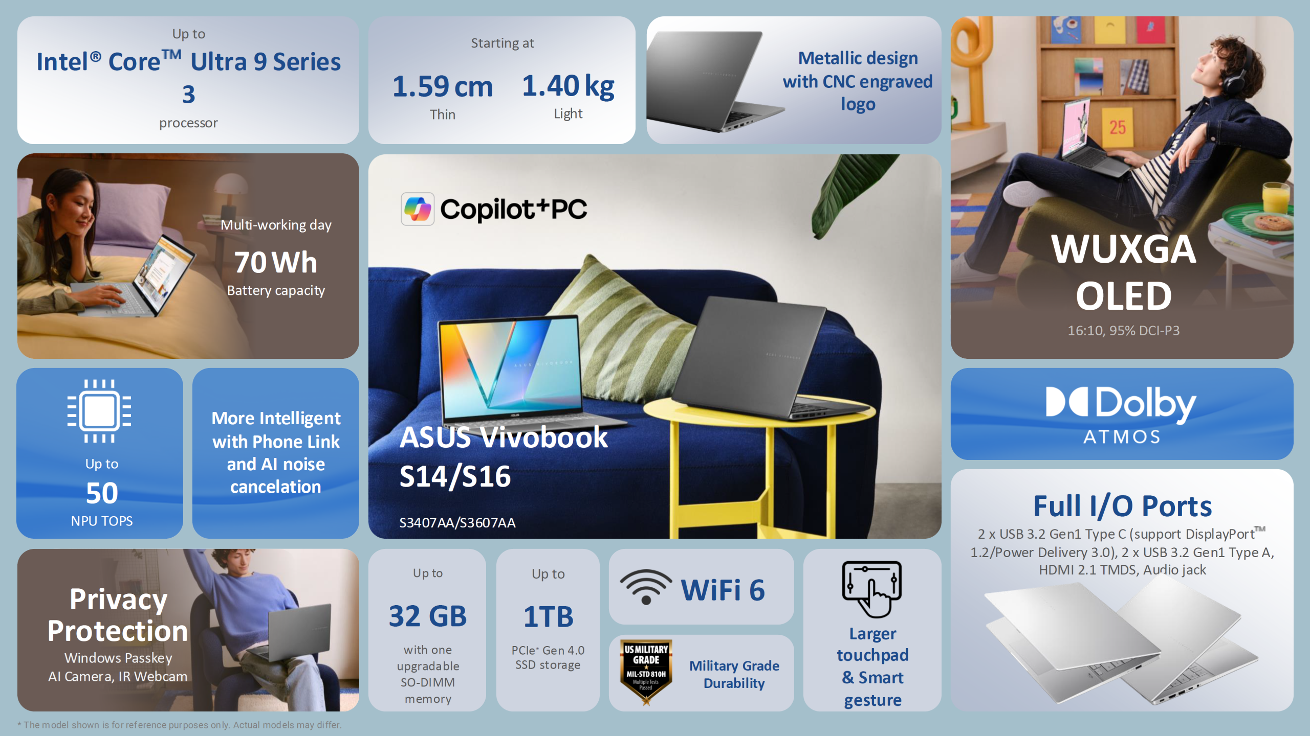 Η εικόνα τονίζει το ASUS Vivobook S14/S16 με χαρακτηριστικά όπως επεξεργαστή Intel Core Ultra 9, μνήμη έως 32 GB, οθόνη OLED WUXGA, χωρητικότητα μπαταρίας «70 Wh», Dolby Atmos και ενσωμάτωση «Copilot+PC».
