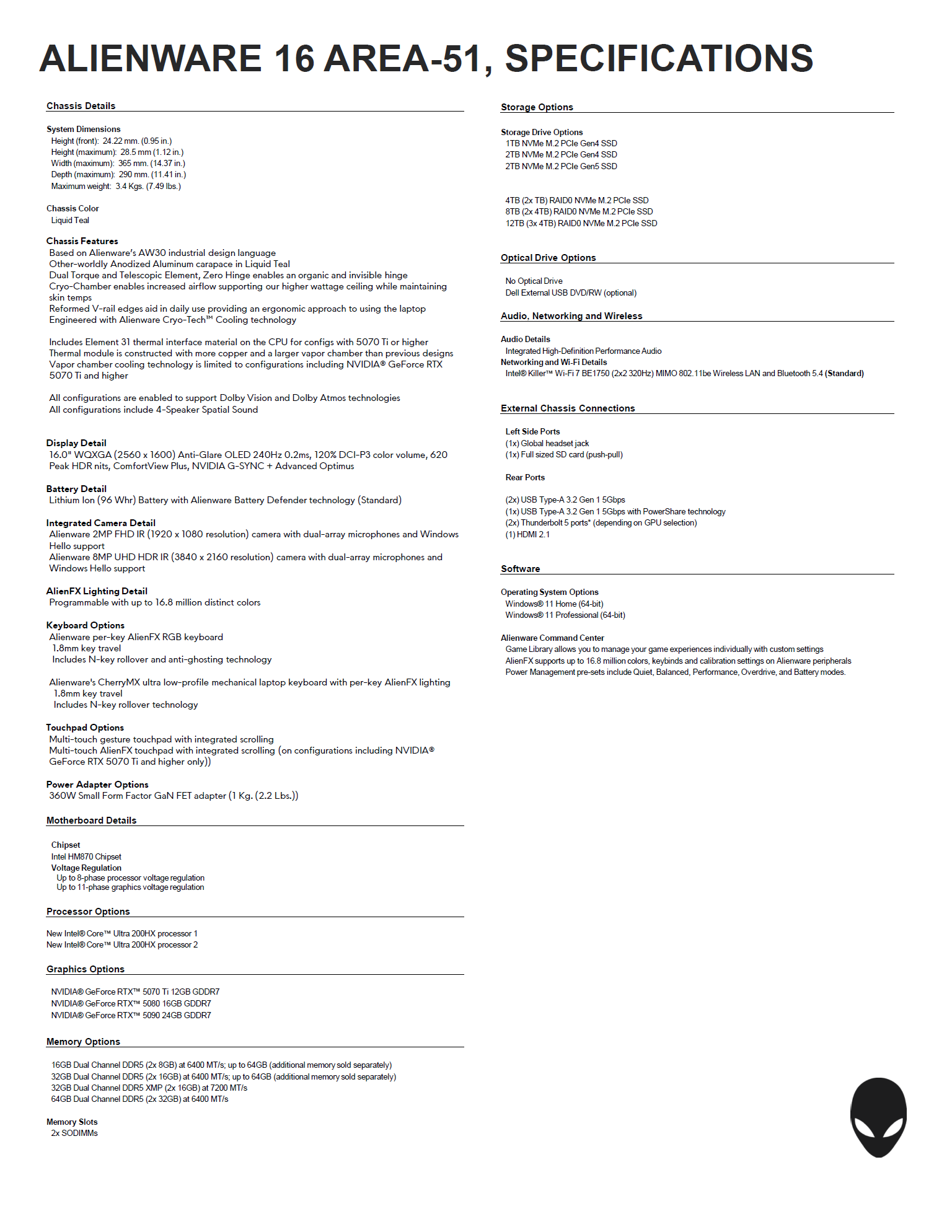 Ένα φύλλο προδιαγραφών για το ALIENWARE 16 AREA-51 με λεπτομέρειες για επιλογές πλαισίου, οθόνης, αποθήκευσης, γραφικών και ήχου, με εξαρτήματα όπως γραφικά «NVIDIA GeForce RTX 5070» και τεχνολογία οθόνης 1600p OLED «16 ιντσών».