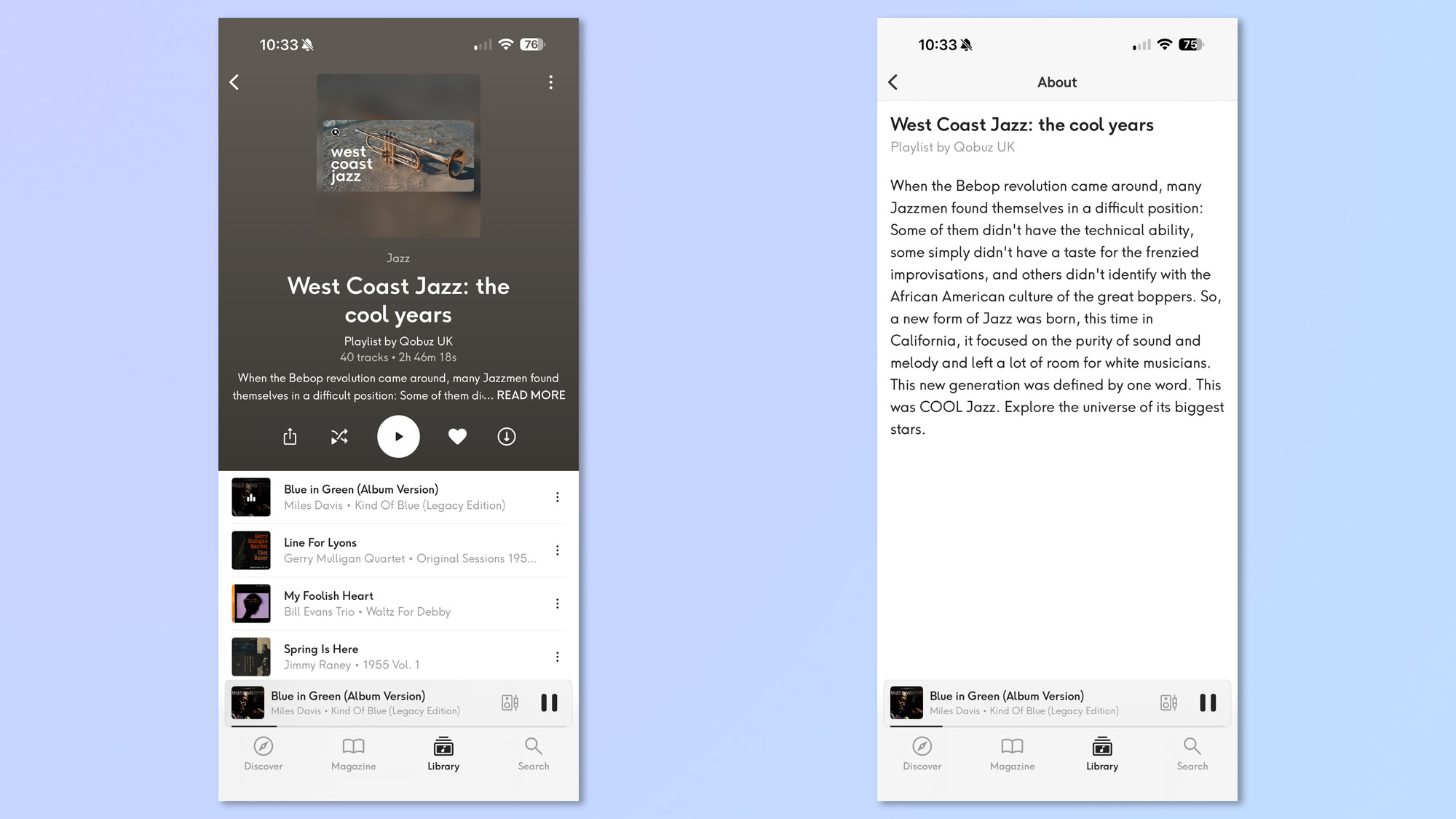 «Αρνήθηκα το Spotify και η απόφαση μου με άλλαξε ριζικά — Δες σε ποια απίθανη πλατφόρμα μετακόμισα!» Ένα στιγμιότυπο οθόνης από το Qobuz που δείχνει προτάσεις και αναπαραγωγή