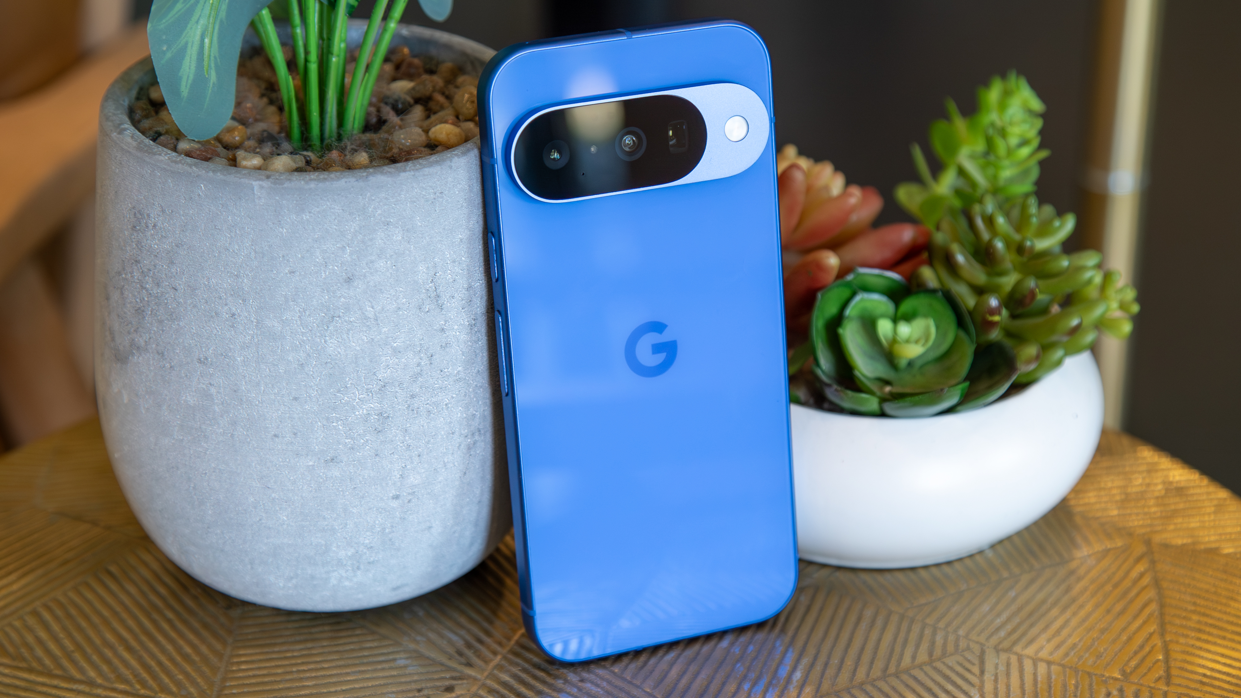 Pixel 10 δίπλα σε δύο ψεύτικα φυτά σε γλάστρες