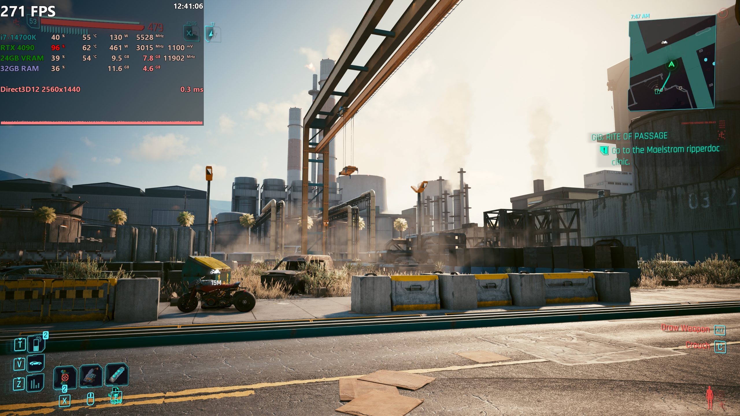 A 'Cyberpunk 2077' game scene displays a cityscape with performance metrics in the top left corner showing '271 FPS' using 'Intel Core i7-14700K' and 'RTX 4090'.