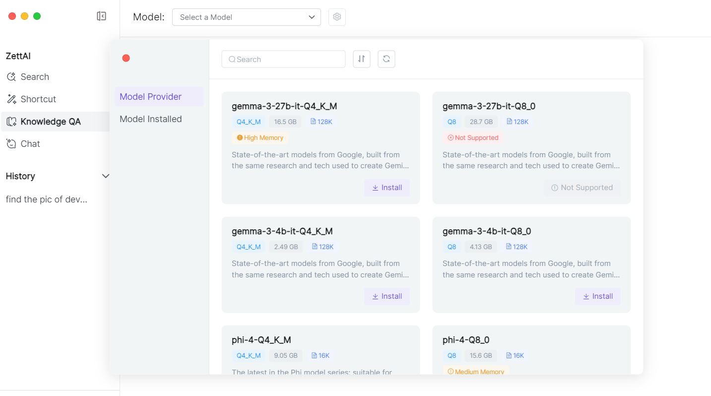 Zettlab D4 Review — A Convenient Budget AI NAS For Photographers And Content Creators The ZettAI interface displays multiple AI models for installation, including 'gemma-3-27b-it-Q4_K_M' marked with 'High Memory' and 'gemma-3-27b-it-Q8_0' as 'Not Supported'.