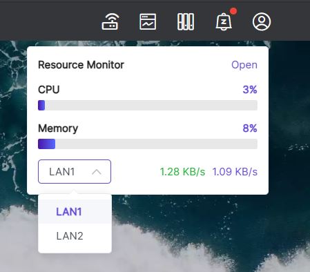 Zettlab D4 Review — A Convenient Budget AI NAS For Photographers And Content Creators A computer screen UI displays a 'Resource Monitor' with 'CPU 3%' and 'Memory 8%' usage, showing network options 'LAN1' and 'LAN2', and data rates of '1.28 KB/s' and '1.09 KB/s'.