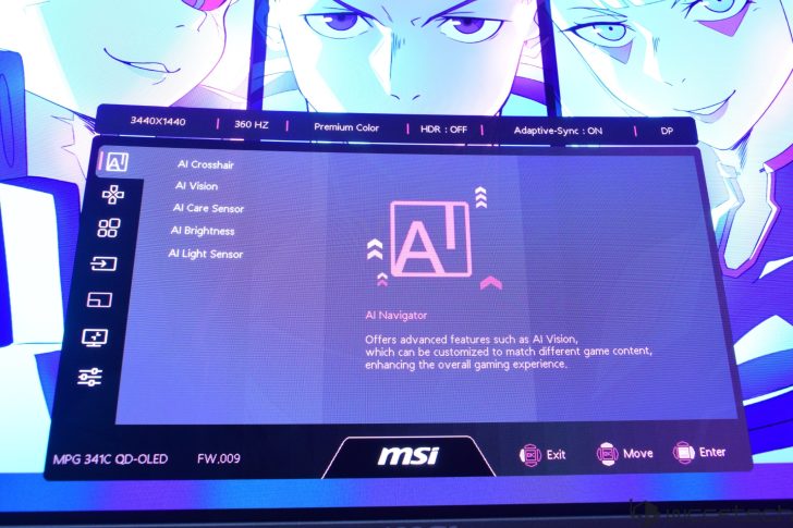 MSI MPG 341CQR X36 QD-OLED Gaming Monitor Review: Ultra-Wide Perfection With 360Hz The MSI MPG 341C QD-OLED monitor displays AI Navigator settings, including 'AI Crosshair' and 'AI Vision', on a 3440x1440 resolution screen with 360 Hz refresh rate.