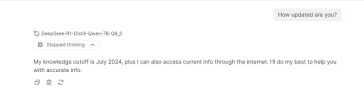 Zettlab D4 Review — A Convenient Budget AI NAS For Photographers And Content Creators A screenshot showing an AI interface, with 'DeepSeek-R1-Distill-Qwen-7B-Q8_0' selected and an inquiry about knowledge update, displaying a response stating the knowledge cutoff is July 2024 with internet access for current info.