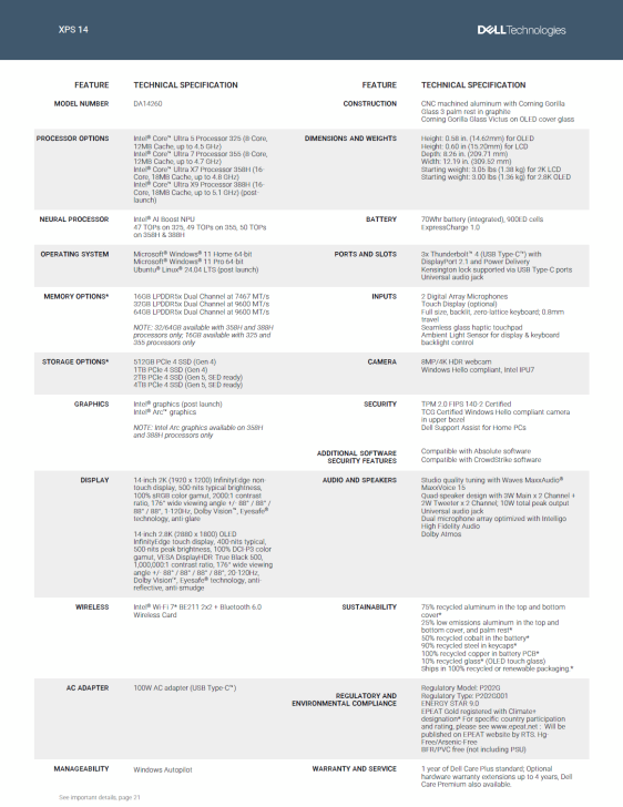Ένα φύλλο προδιαγραφών για το Dell Technologies XPS 14, με αριθμό μοντέλου DA14260, με λεπτομέρειες όπως επεξεργαστές Intel Core Ultra 5 και 7, οθόνη 2K InfinityEdge 14 ιντσών, γραφικά Intel Arc και μπαταρία 70 Wh.