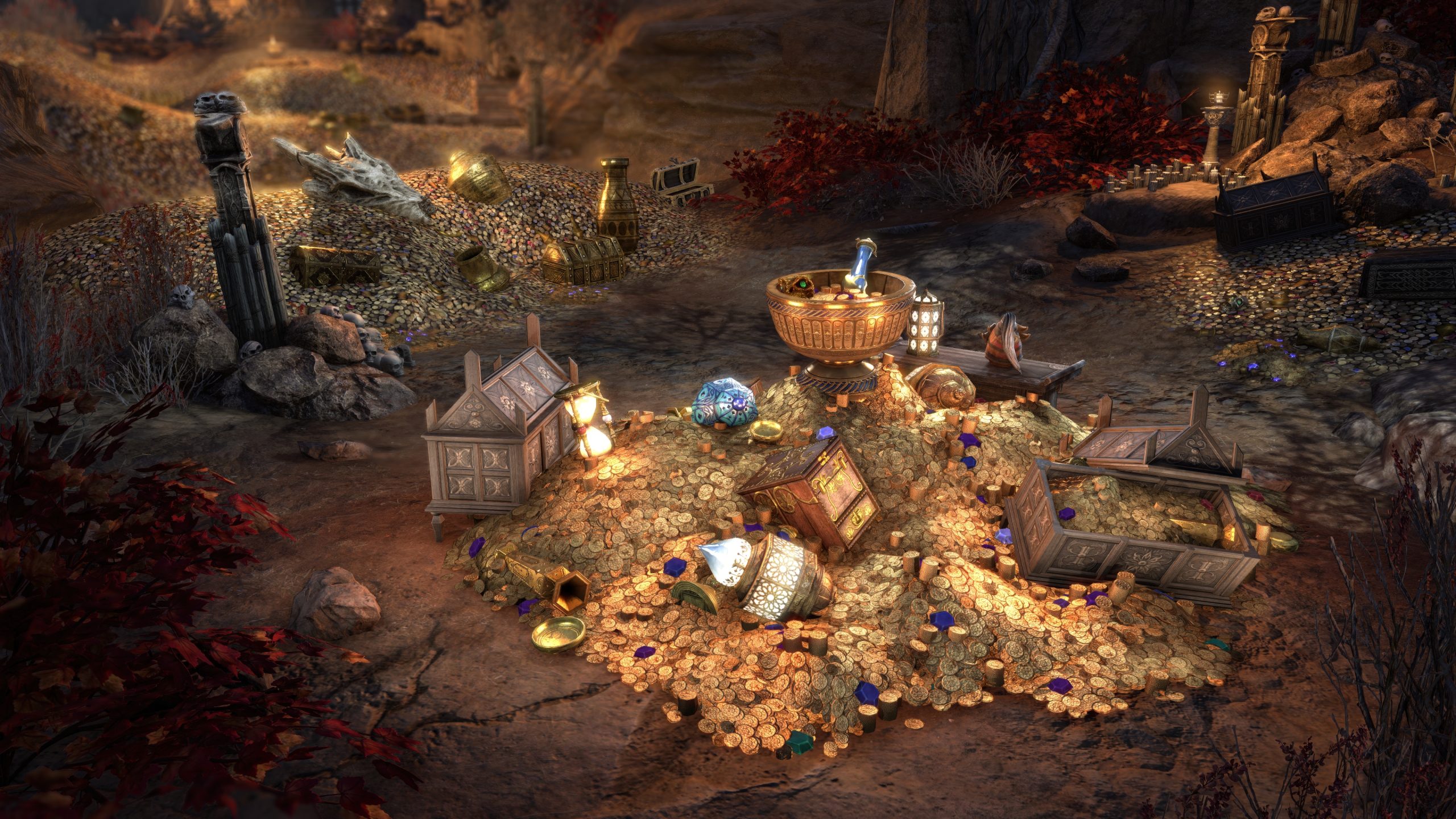 A scene from a game featuring a large pile of gold coins and ornate treasure chests surrounded by ancient relics and artifacts in a cavern setting.