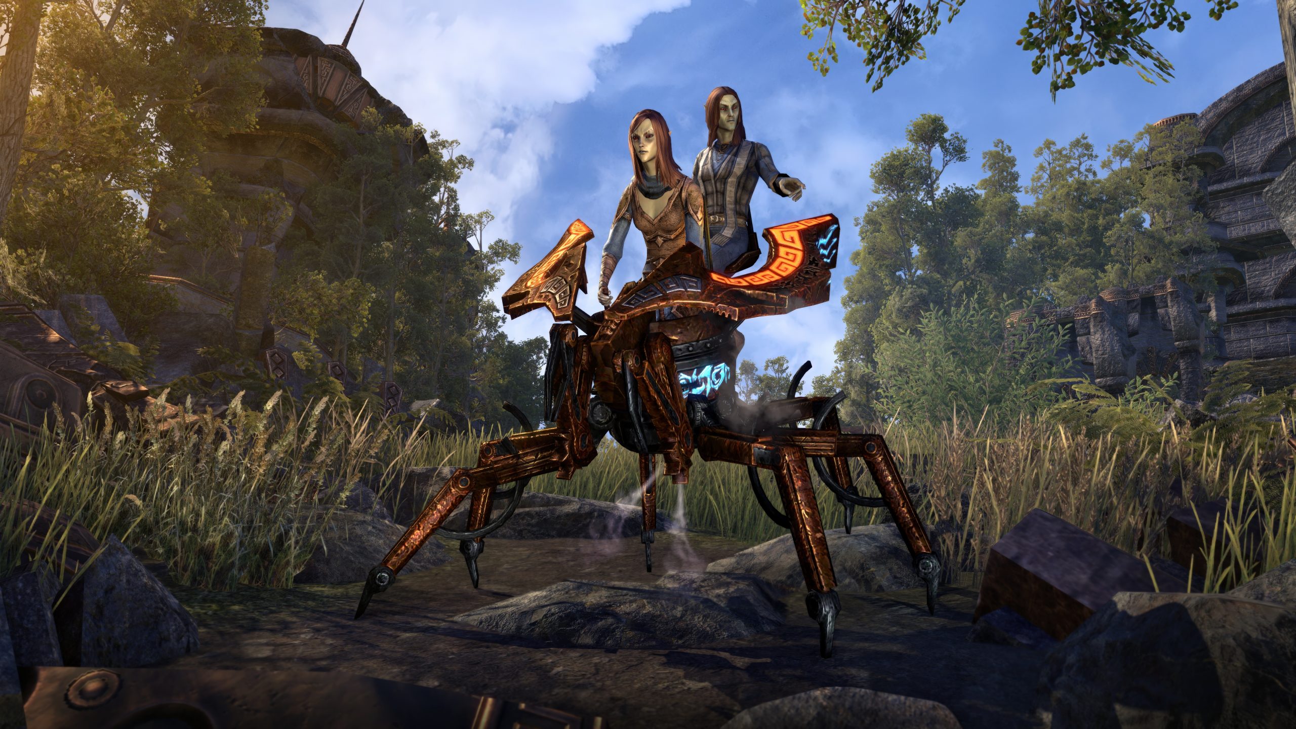 Two characters riding a mechanical creature in a lush, fantasy landscape from the game The Elder Scrolls Online.