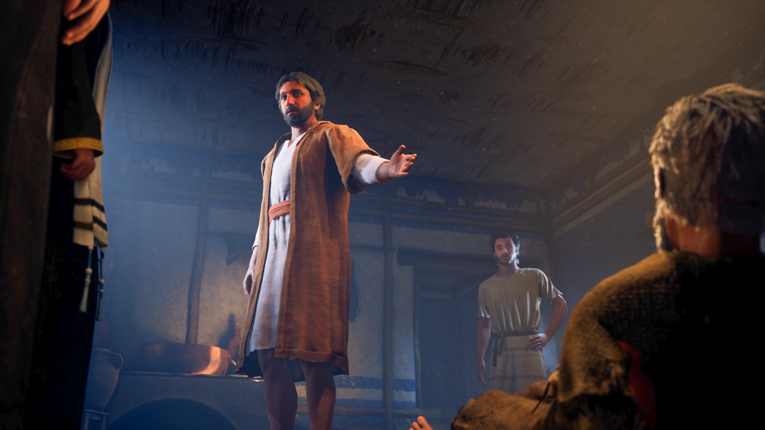 A character in a dimly lit room extends his hand towards another person in a narrative scene from the video game Gate Zero.