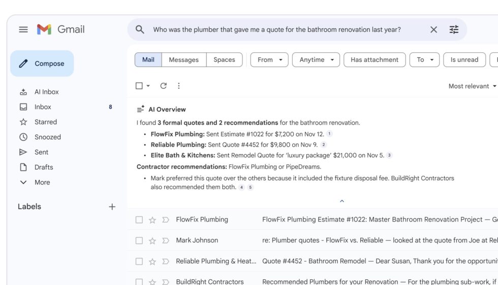 Η Google έδωσε στο Gmail 3 σας πραγματικά χρήσιμες λειτουργίες Gemini δωρεάν Αναζήτηση επισκοπήσεων Gmail AI