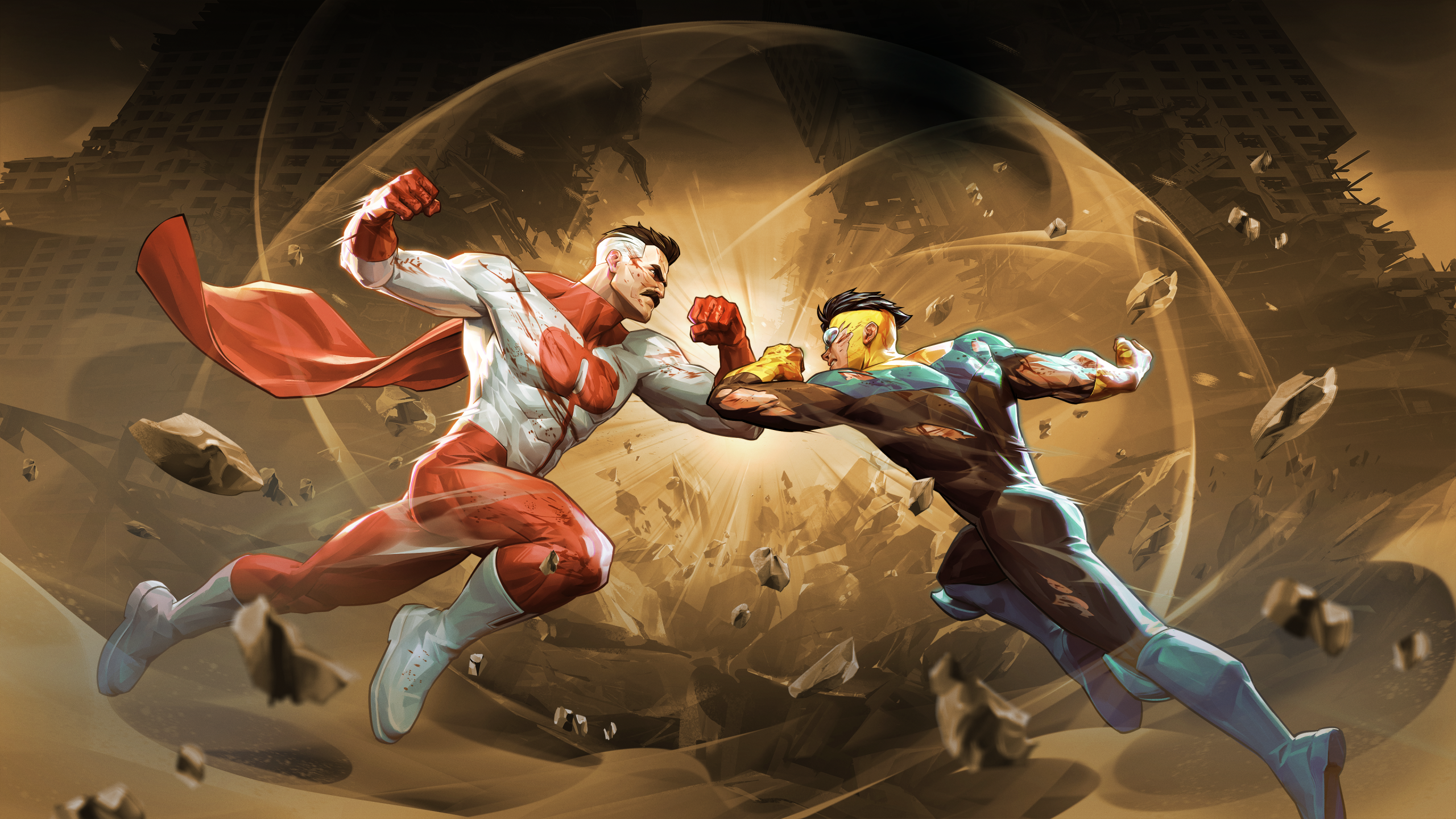 Δύο υπερήρωες, ο ένας με ερυθρόλευκο κοστούμι και ο άλλος με μπλε και κίτρινο κοστούμι, εμπλέκονται σε μια ισχυρή σύγκρουση μέσα σε ένα καταρρέον αστικό τοπίο, εκπέμποντας ενεργειακά κύματα.