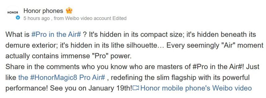 Ανακοινώθηκε το Honor Magic 8 Pro Air, το οποίο θα κυκλοφορήσει στις 19 Ιανουαρίου