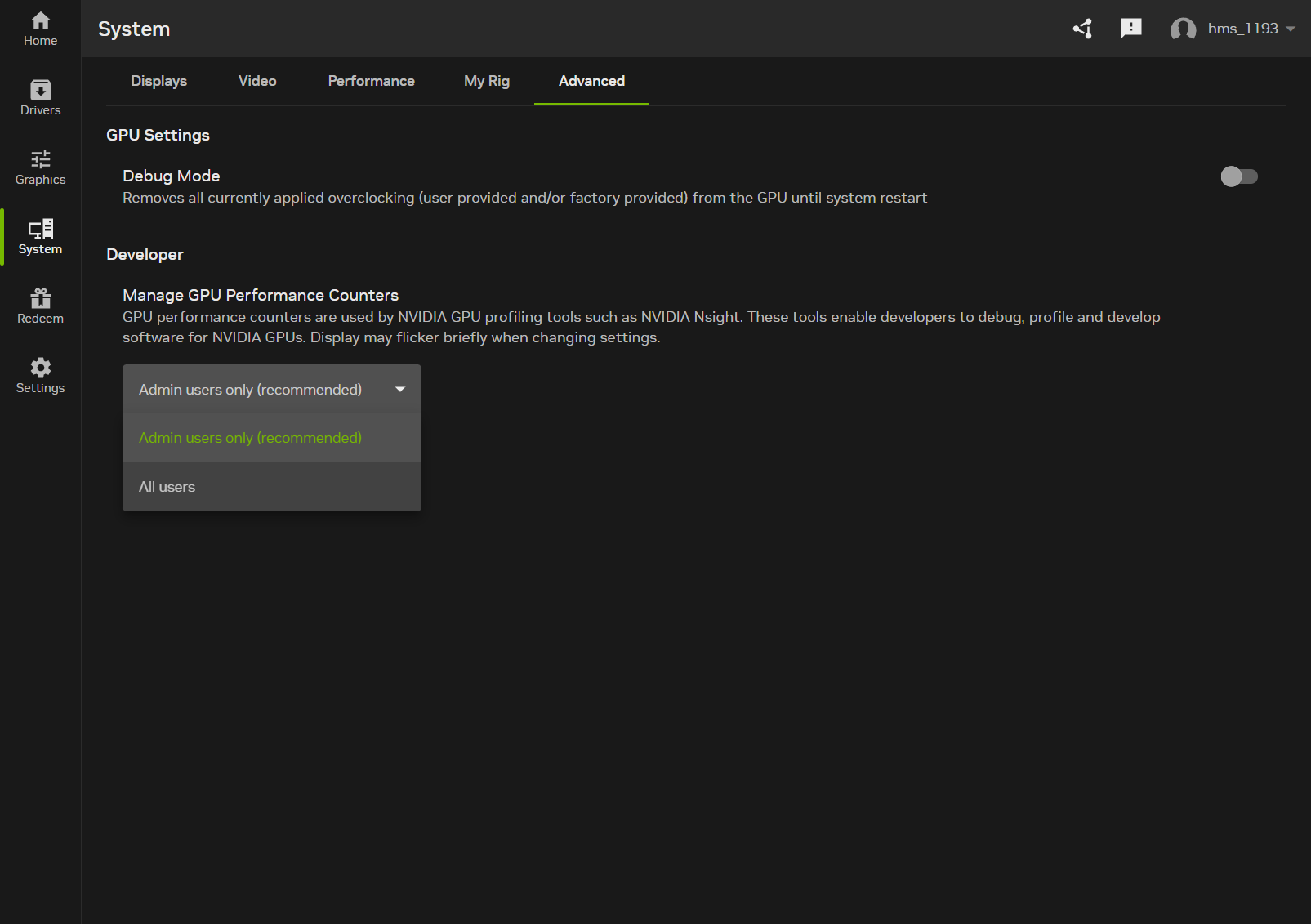 Η σελίδα ρυθμίσεων «Σύστημα» στο λογισμικό NVIDIA εμφανίζει τις επιλογές «Για προχωρημένους» με την εναλλαγή «Λειτουργία εντοπισμού σφαλμάτων» και ένα αναπτυσσόμενο μενού για τη «Διαχείριση μετρητών απόδοσης GPU» που έχει οριστεί σε «Μόνο χρήστες διαχειριστή (προτείνεται)».