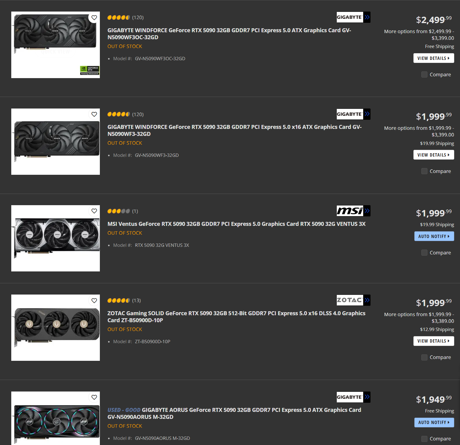 Μια λίστα προϊόντων εμφανίζει διάφορες κάρτες γραφικών, συμπεριλαμβανομένης της GIGABYTE WindForce GeForce RTX 5090 με αριθμούς μοντέλου GV-N509WF3OC-32GD και GV-N509WF3-32GD, MSI Ventus GeForce RTX 5090 με αριθμό μοντέλου RTX 3XGUS 5090