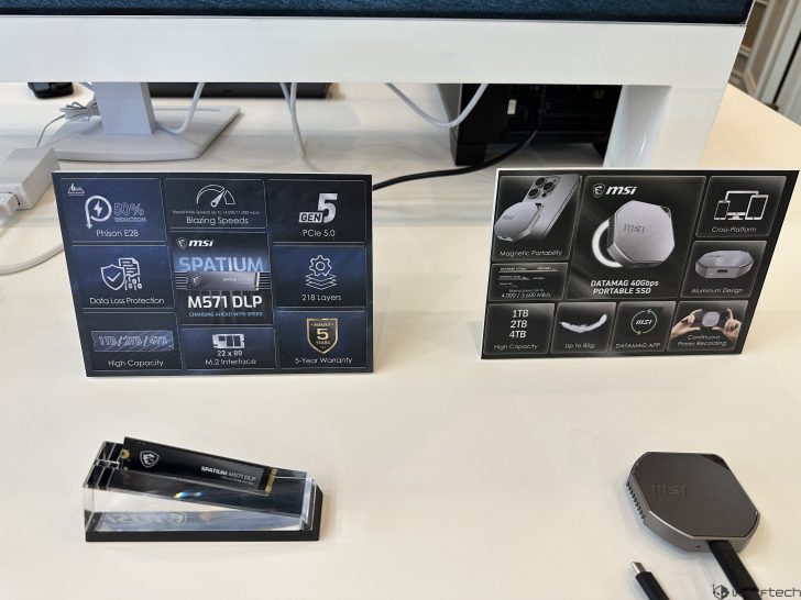 Μια οθόνη παρουσιάζει τον φορητό SSD SPATIUM M571 DLP της MSI και DATAMAG 40 Gbps, τονίζοντας χαρακτηριστικά όπως το PCIe 5.0, το Phison E28, τη μαγνητική φορητότητα και τη διεπαφή M.2.
