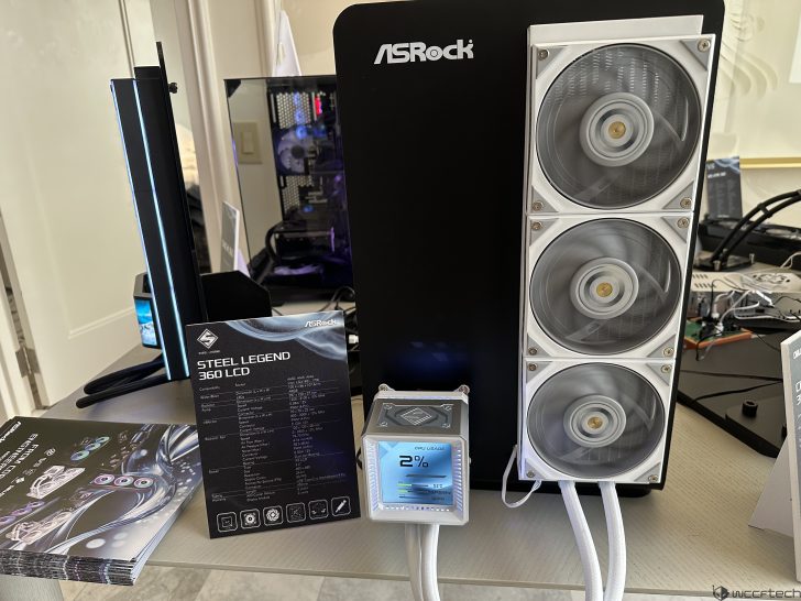 An ASRock Steel Legend 360 LCD cooling system is displayed with its fan setup on a desk, accompanied by a specification sheet and a digital panel showing 'CPU Usage 2%'.