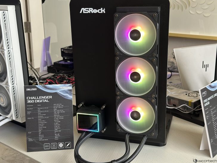 An ASRock Challenger 360 Digital cooler with three RGB fans is displayed next to a specification card listing compatibility with Intel and AMD sockets.