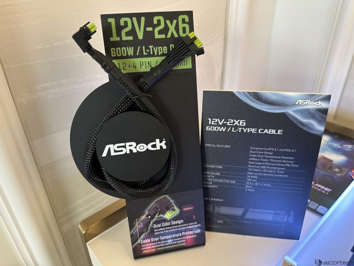 An ASRock '12V-2x6 600W L-Type Cable' is shown with product specifications, highlighting features such as compliance with ATX 3.1 and PCIe 5.1, dual color design, and a 200mm length.