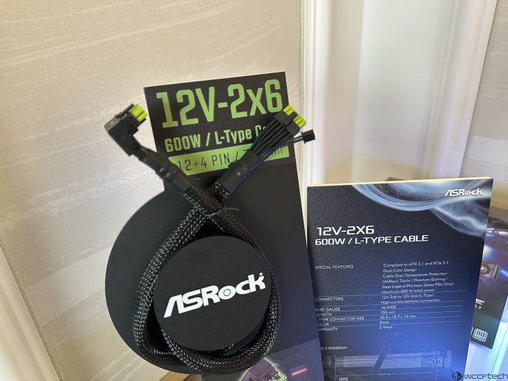 ASRock 12V-2x6 600W L-Type cable with visible packaging showing specifications and features.